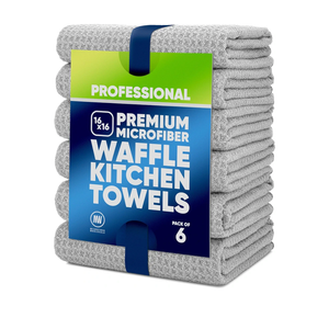 Kitchen Towels - Microfiber Waffle Weave Towels | Absorbent, No Lint, Thick, Reusable, Commercial, Soft, Hand, Tea, Glass, Bar, Sublimation Blank, Polyester Cloths (Gray, 16 x 16 (6 Pack))