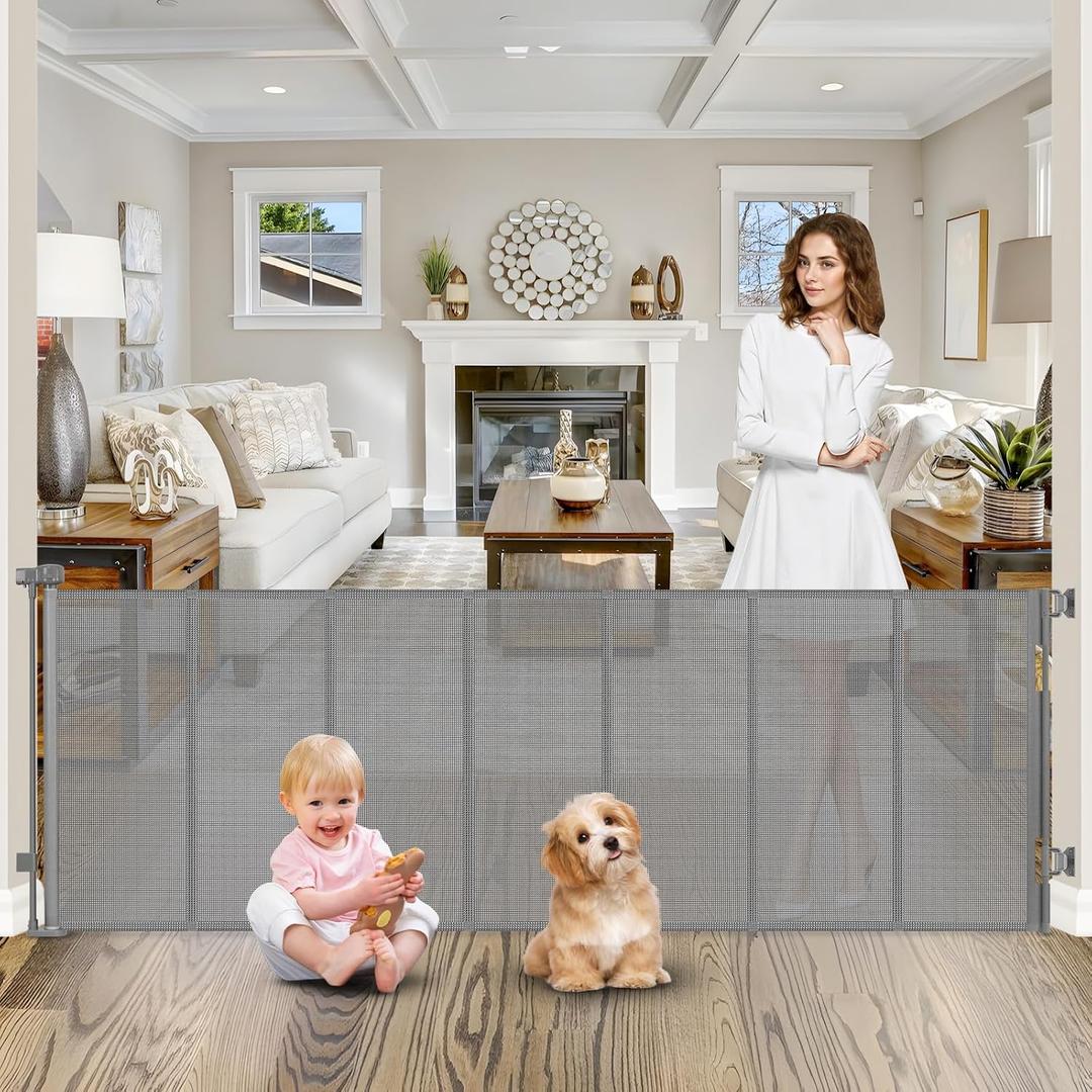 Reinforced 120 Inch Retractable Dog Gate Extra Wide Retractable Baby Gate Stop Bottom Crawling Over Babies and Pets Retractable Pet Gate Puppy Gate for The House Extra Wide Child Gate for Wide Opening (Gray)