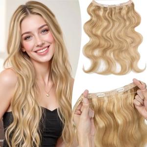 TESSHAIR Halo Hair Extensions Curly, 100% Real Human Hair,No Tangle & Smooth,Invisible Wire Extensions for Women,60g, 14 Inch,#Wavy Gold Blonde Mixed Bleach Blonde