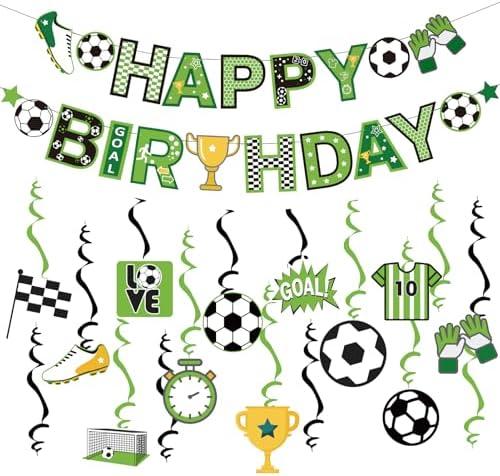 SUNBEAUTY 26PCS Soccer Birthday Party Decorations Pre-strung 8.2 Feet Soccer Happy Birthday Banner Soccer Hanging Swirls Party Decorations for Kids Boys’ Bday Party Decor