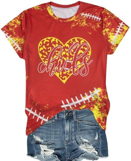Game Day Shirt Women: Team Fan T-Shirt Cute Football Heart Graphic Tees Casual Season Short Sleeve Tops (Red, L)
