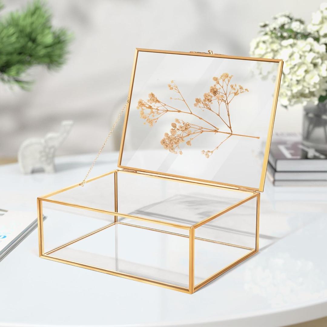 Glass Gold Metal with Chain and Velvet Bottom Jewelry Organizer Box | Double Glass Frame for Pressed Flowers
