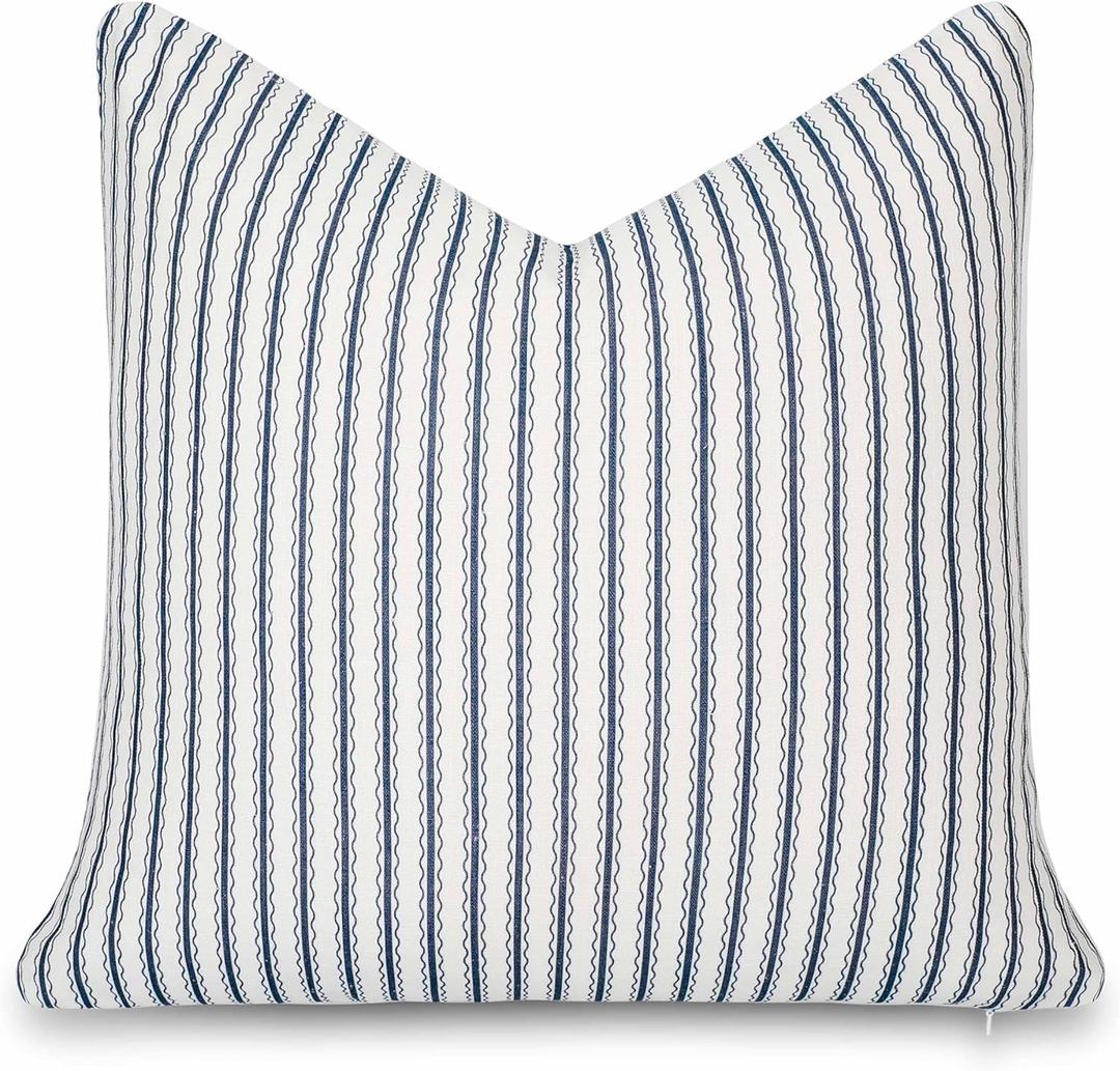Crumbs Home California Casual Coastal Indoor Outdoor Throw Pillow Cover, 22"x22" Water Repellent for Patio, Backyard, Couch, Poolside, Dark Navy Print Wave Stripes