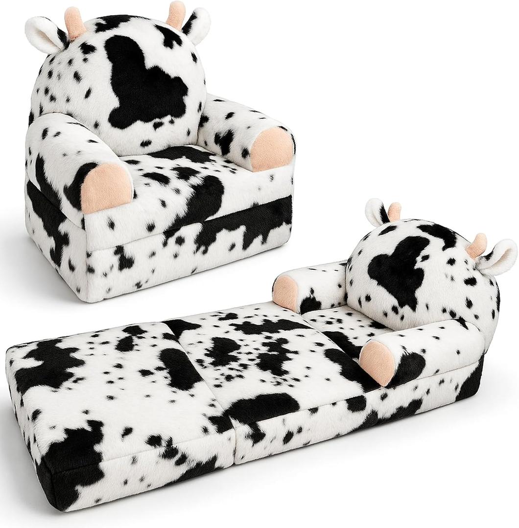 QIUODO Toddler Chair with Faux Rabbit Fur 2-in-1 Foldable Kids Couch, Soft Sofa for Reading, Bedroom or Playroom Use, Ages 1-3Cow