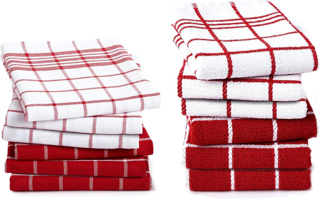 Encasa XO Kitchen Towels and Dishcloths Sets | Cotton Hand Towel | Multipurpose, Highly Absorbent Cleaning, and Reusable | 28"x18" | Pack of 12 - Red Combo