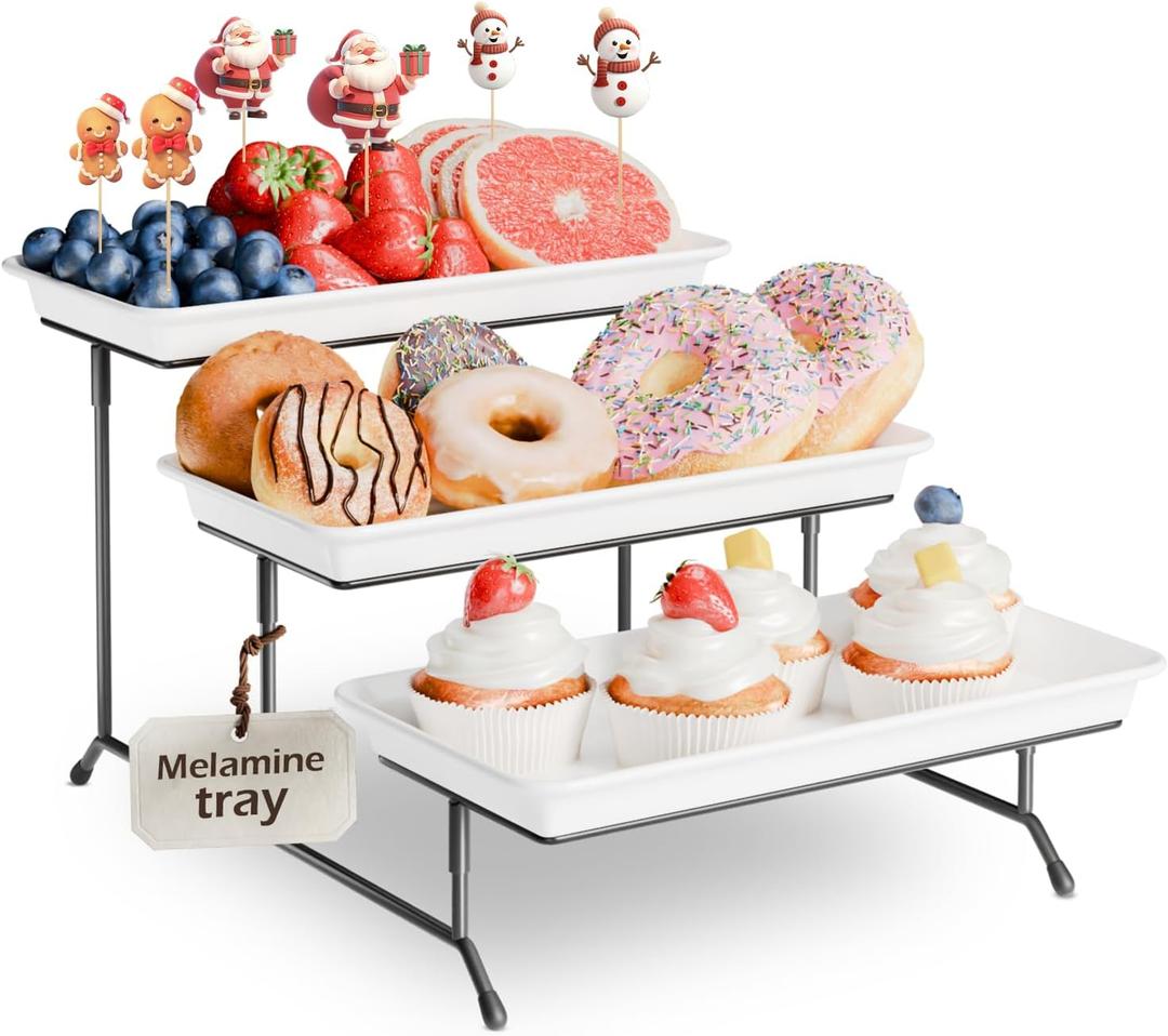 3-Tier Melamine Serving Tray Set, 11.5" x 5.6" Platters for Serving Food, White Reusable Trays with Black Metal Display Stand for Cupcakes, Sevring Food, Dessert, Fruit, Cookie, Black