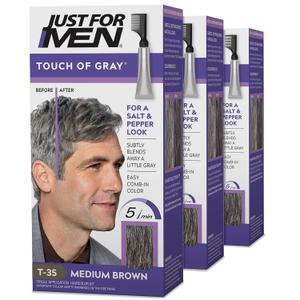 Just For Men Touch of Gray, Mens Hair Color Kit with Comb Applicator for Easy Application, Great for a Salt and Pepper Look - Medium Brown, T-35, Pack of 1