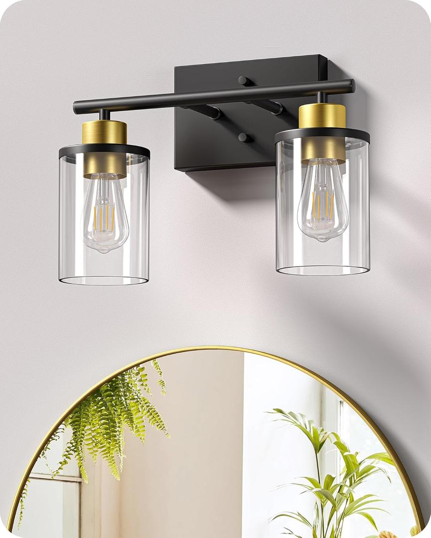 EDISHINE Bathroom Light Fixtures, 2-Light Modern Bathroom Vanity Lights Over Mirror, Bath Wall Sconce Lamp with Clear Glass Shade for Powder Room, Vanity Table, Mirror, Kitchen Black and Gold