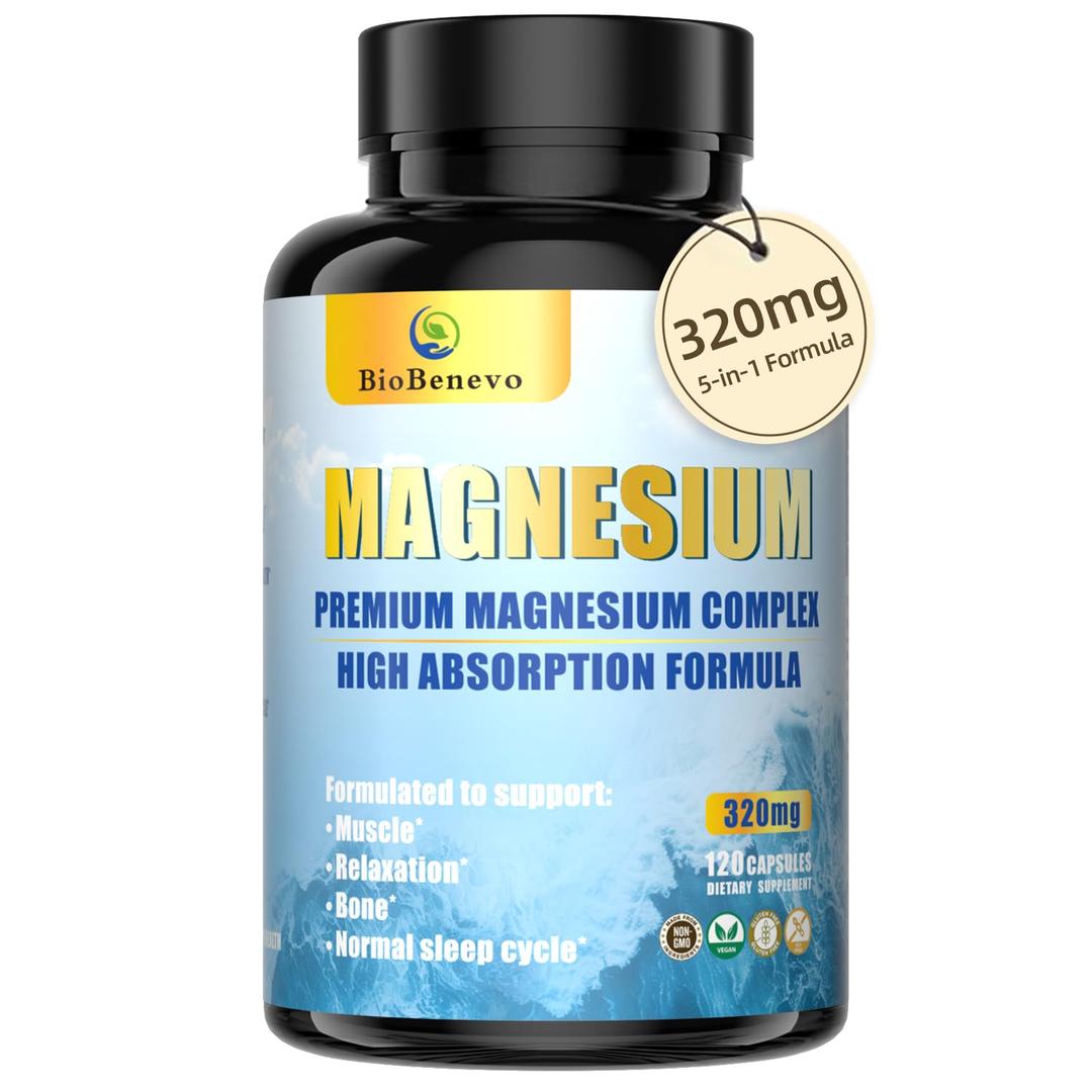 5-in-1 Magnesium Complex | 320mg of Magnesium Glycinate, Malate, Citrate… | Support for Sleep, Muscle Relaxation, and Energy Metabolism | High Absorption | Vegan, Non-GMO | 120 Capsules,  Best By 03/2027
