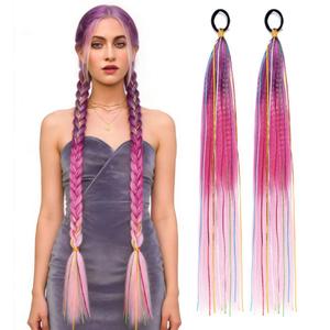 ERENDIPA 30 Inch Braid Ponytail Extension 2 Pack  Synthetic Straight Hair with Elastic Tie, Wrap Around Tinsel Colored Ponytail for Women, Girls, Kids Purple/Rose Red/Light Pink