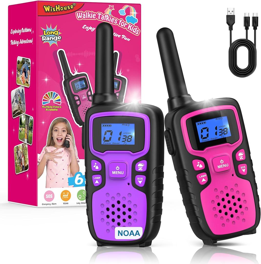 Wishouse Walkie Talkies for Kids Rechargeable Long Range,Xmas Birthday Gift for 4 5 6 7 8 9 Year Old Girls,Hiking Gear Camping Games Cool Toys with NOAA,SOS Siren,Lamp,Lanyards,Easy to Use,2 Pack (Pink Purple)