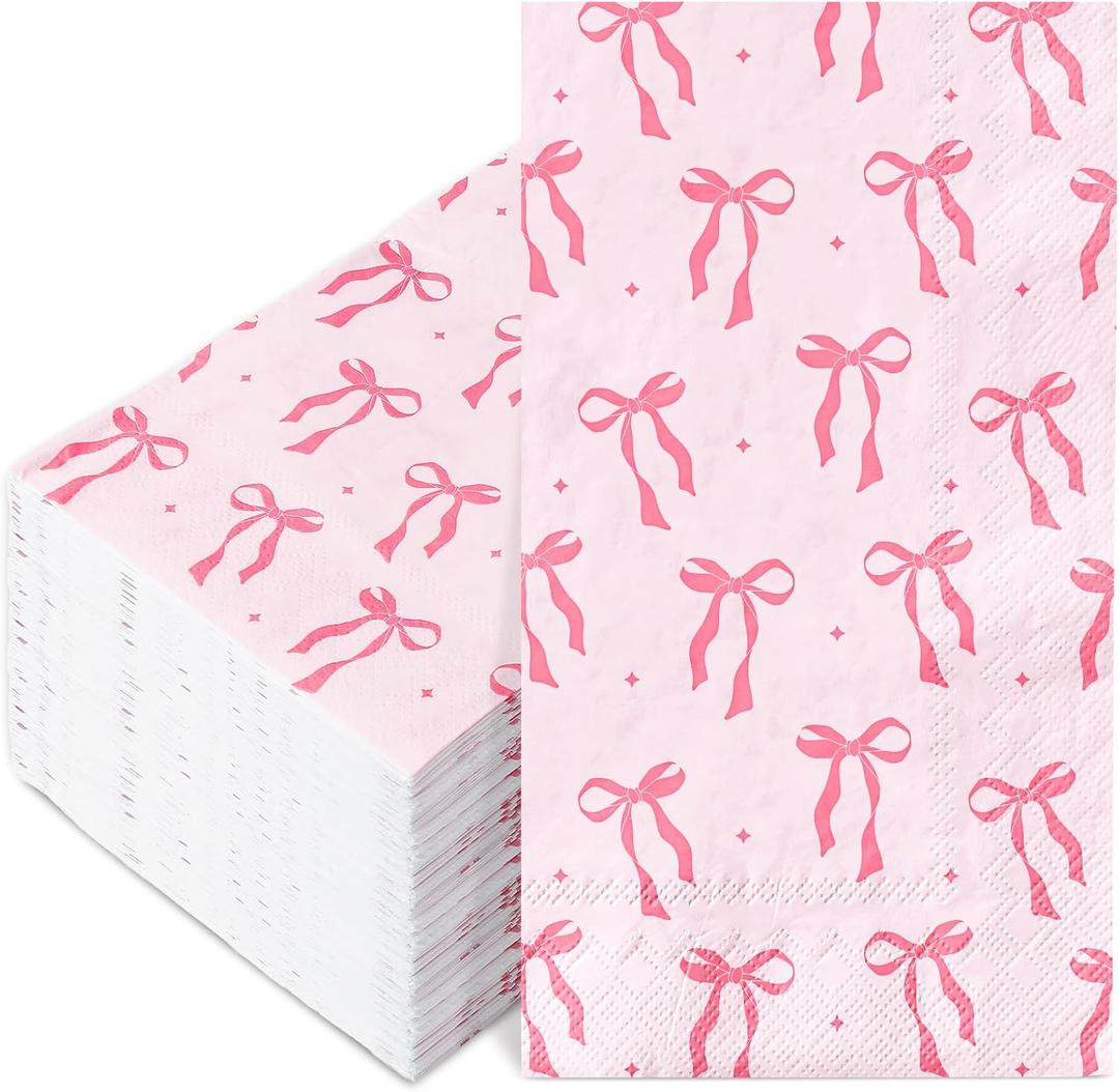 JarThenaAMCS 100 Pcs Pink Bow Paper Guest Napkin Cute Bowtie Napkin Disposable Hand Towel Napkins for Valentine's Day Home Bathroom Party Supplies