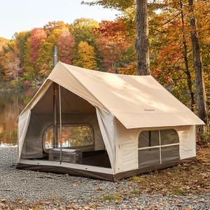 KingCamp Camping Tent with Floor 6-8 Person, Canvas Hot Tent with Stove Jack, Waterproof & Windproof Cabin Tent for Family Camping & Outdoor Parties (KHAKI)