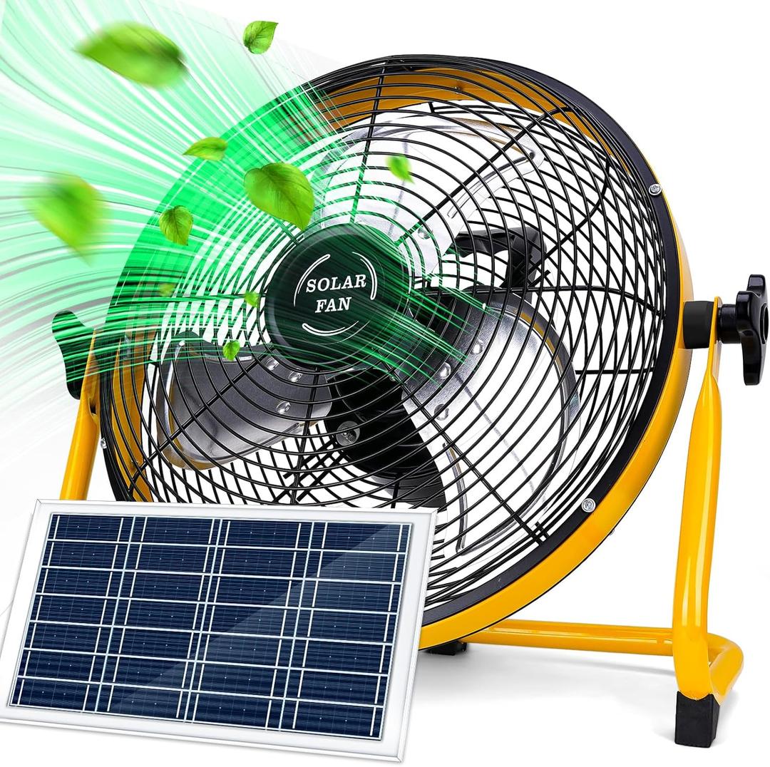 12" Solar Powered Fan for Outdoor - 15000mAh Battery Powered Portable Camping Fan with 20W Solar Panel & AC Adapter Charging, Rechargeable Cordless Floor Fans for Home/Patio/Garage/Worksites