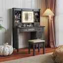 HOMCOM Farmhouse Vanity Desk with Mirror, LED Lights Makeup Vanity Table with 42 Inch Glass Tabletop, Cushioned Stool, Drawers & Shelves & Cabinet, Rustic Dressing Table Set for Bedroom, Gray