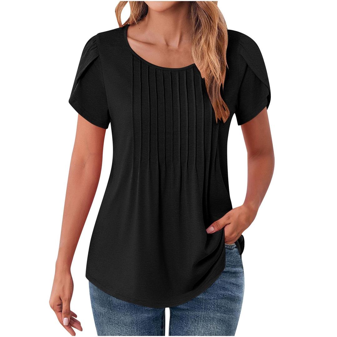 Petal Short Sleeve Top for Women Summer Casual Crew Neck Shirts Solid Dressy Blouse Pleated Tunics, Black 2XL
