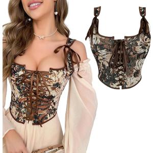 Renaissance Floral Corset Tops for Women Going-Out Vintage Brown Push-Up Overbust Bustier Lace-Up Boned Bodyshaper (Large)