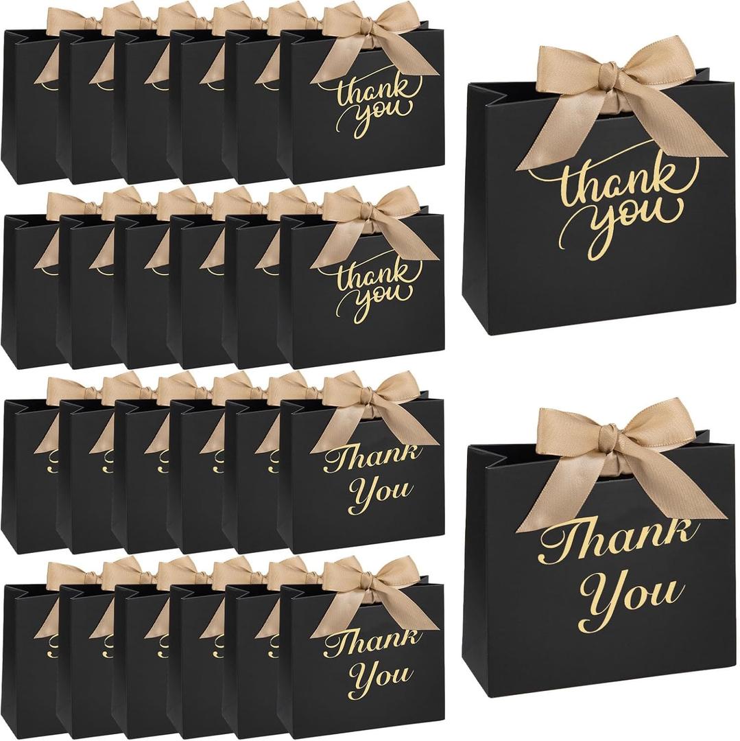 VGOODALL 24PCS Thank You Gift Bags, 4.5x3.9x1.8Inches Mini Party Favor Bags Black Treat Boxes with Bow Ribbon for Wedding Bridal Baby Shower Birthday Party
