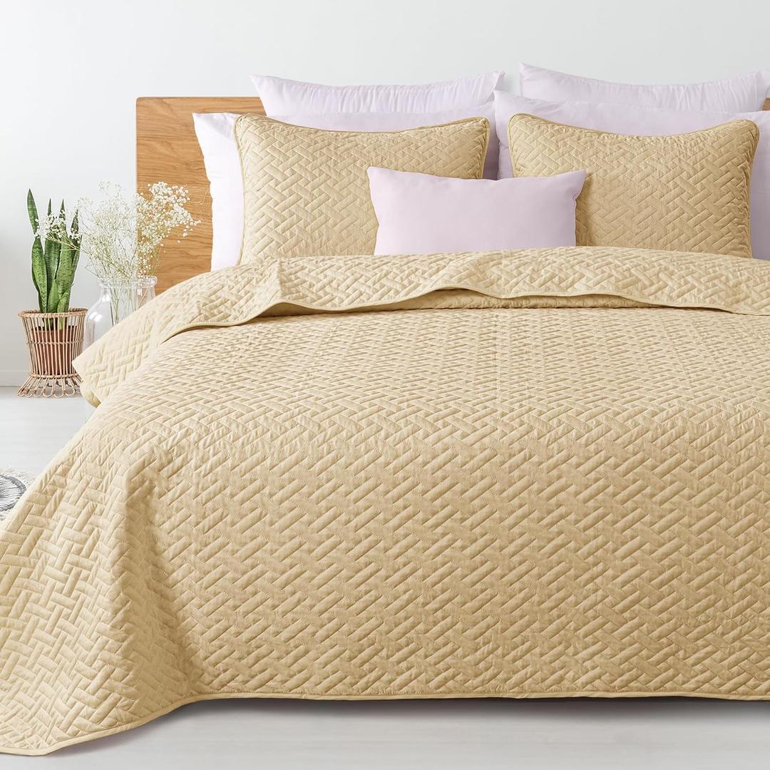 Exclusivo Mezcla Full Queen Size Quilt Bedspreads with Basket Weave Pattern, Soft Lightweight Summer Quilts Bedding Set Coverlets Bed Cover for All Seasons, Camel