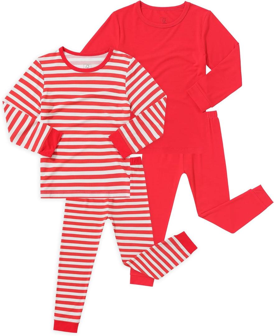 JunNeng Bamboo Viscose Pajamas for Toddler 4 Piece Baby Boys & Girls Snug Fit Long Sleeve Striped PJs Sleepwear, 3-4T