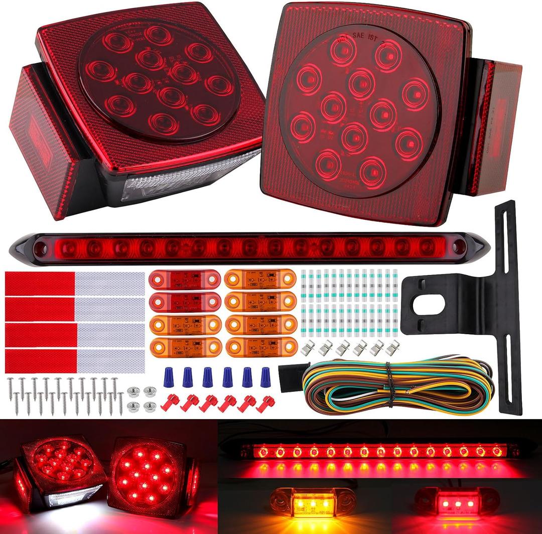 Konrali Submersible LED Trailer Tail Light Kit, Square Trailer Tail Brake Stop Turn License RV Truck Lights w/Wire &Bracket,6pcs Side Fender Marker Lamps 15" 11led Light Bar for Camper Boat Snowmobile