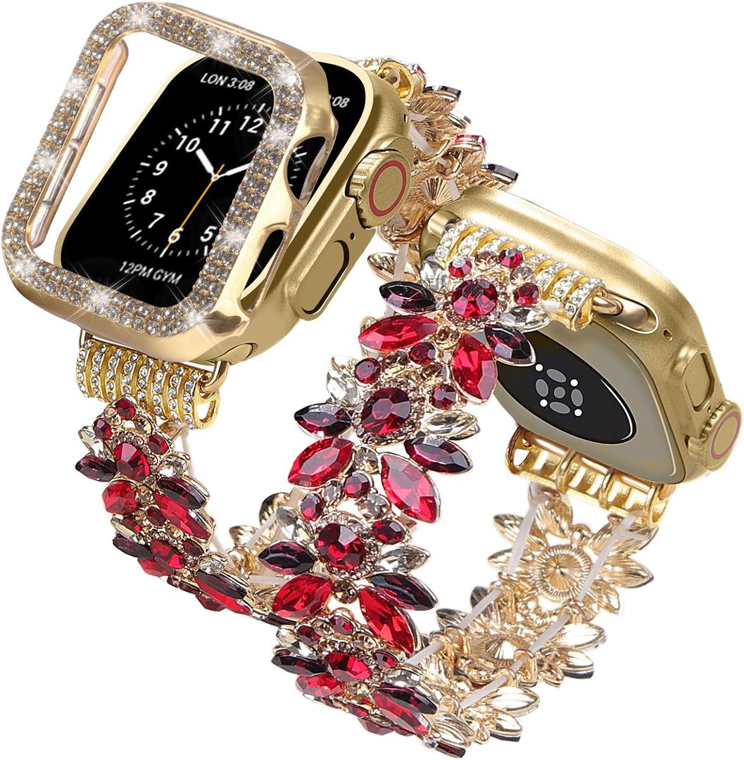 VIQIV Bling Dressy Bracelet with Case Compatible with Apple Watch Bands 38mm 40mm 41mm 42mm 44mm 45mm 49mm for Women Girls Strethy, Slim Jewelry Starlight Stainless Steel Metal Wristband Strap for iWatch Ultra 2/Ultra Series 9/8/7/6/5/4/3/2/1/SE
