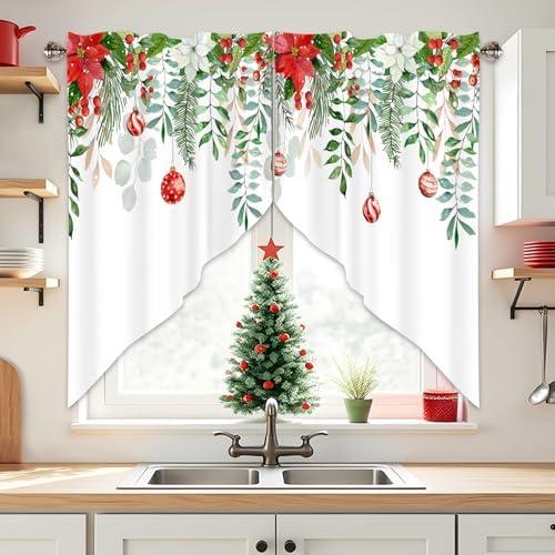 AYTTBIS Christmas Green Leaves Swag Curtain Valance for Windows,Poinsettia Flower Balls Window Treatments Short Swag Topper for Kitchen Windows Bathroom Bedroom,28 x 36 Inch, 1 Pair