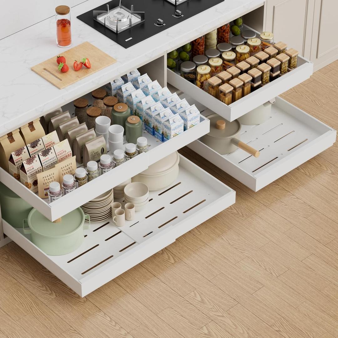PAKETA 4 Pack Expandable Pull Out Cabinet Organizer, 21'' Deep Pull Out Drawers for Cabinet, Upgrade 3 Slide Rails Sliding Drawers for Cabinets with Adhesive Nano Film (White, 21"D X 15-26"W)
