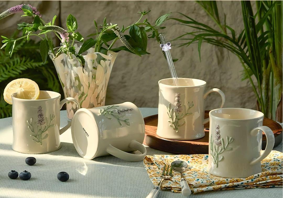 Artisanal Handcrafted Ceramic Mug with Sage Botanical Design - 10oz Off-White Stoneware Coffee Cup, Elegant Purple Sage Pattern, Dishwasher Safe, Comfort Grip Handle for Daily Use-4pack