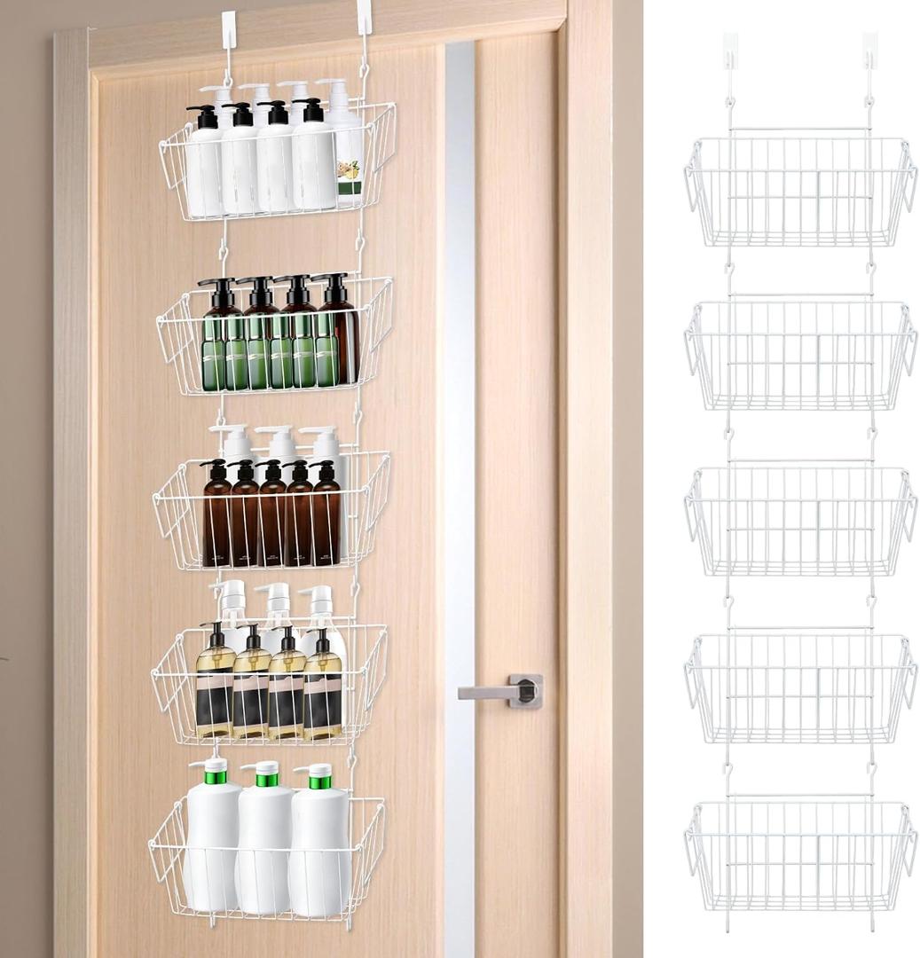 Over The Door Organizer  5 Removable Hanging Baskets, Back of Door Storage for Bathroom, Kitchen, Pantry & Garage, No Tools Needed, 3 Installation Methods (Wall/Door Mount) White