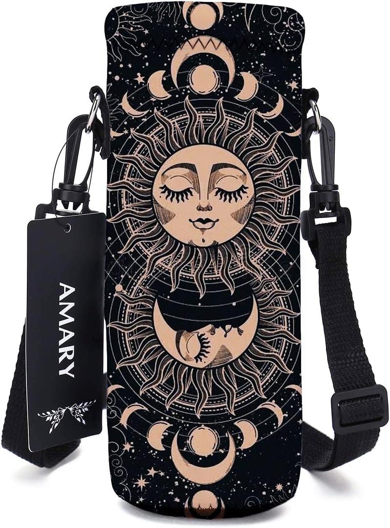 750ML Neoprene Water Bottle Carrier Bag with Adjustable Shoulder Strap,Insulated Water Bottle Cover for Stainless Steel/Glass/Plastic Bottles 24OZ (Sun Moon)