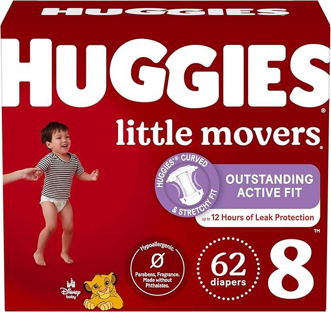 Huggies Diapers Size 8, Little Movers Diapers for Baby, Size 8 (46+ lbs), 62 Count