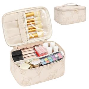 OCHEAL Makeup Bag for Women - Travel Cosmetic Organizer with Brush Slot & Divider, Large Capacity Toiletry Bag for Girls, Travel Makeup Case for everyday Make up Accessories -Beige floral