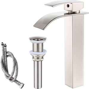 VOTON Vessel Sink Faucet Brushed Nickel Modern Tall Waterfall Bathroom Sink Faucet with Pop-Up Drain Single Handle Bathroom Faucet 1 Hole Bowl Lavatory Vanity Faucet, Rv Sink Camper Farmhouse Faucet