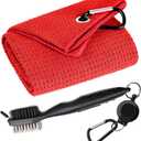 Golf Towels, Microfiber Waffle Pattern Tri-fold Golf Towel - Brush Tool Kit with Club Groove Cleaner, with Clip Men Women Golf Gifts (Red Towel+Black Brush)