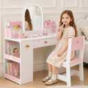 Leeshyah Kids Vanity with Lights and Chair, 3-Color Lighted Mirror Kids Vanity Table and Chair Set, Toddler Vanity Desk with Drawer, Storage Cabinet and Bin, Pretend Play Vanity for Ages 3+, 33.8 x 14.1 x38.2 inch