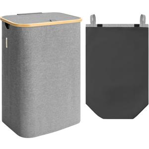 StorageWorks Large Laundry Hamper with Lid, 100L Tall Laundry Basket with Bamboo Handles and Removable Inner Bag, Collapsible Laundry Hamper for Clothing, Towels, Dark Grey, 1-Pack (17 "L x 13"W x 29 "H)