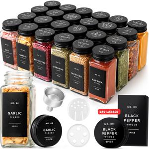 Glass Spice Jars with Label and Black Aluminum Lids (24 x 4oz) Spice Containers with 240 Labels, Shaker Inserts, Steel Funnel, Empty Square Seasoning Organizer (Black Aluminum Lid)
