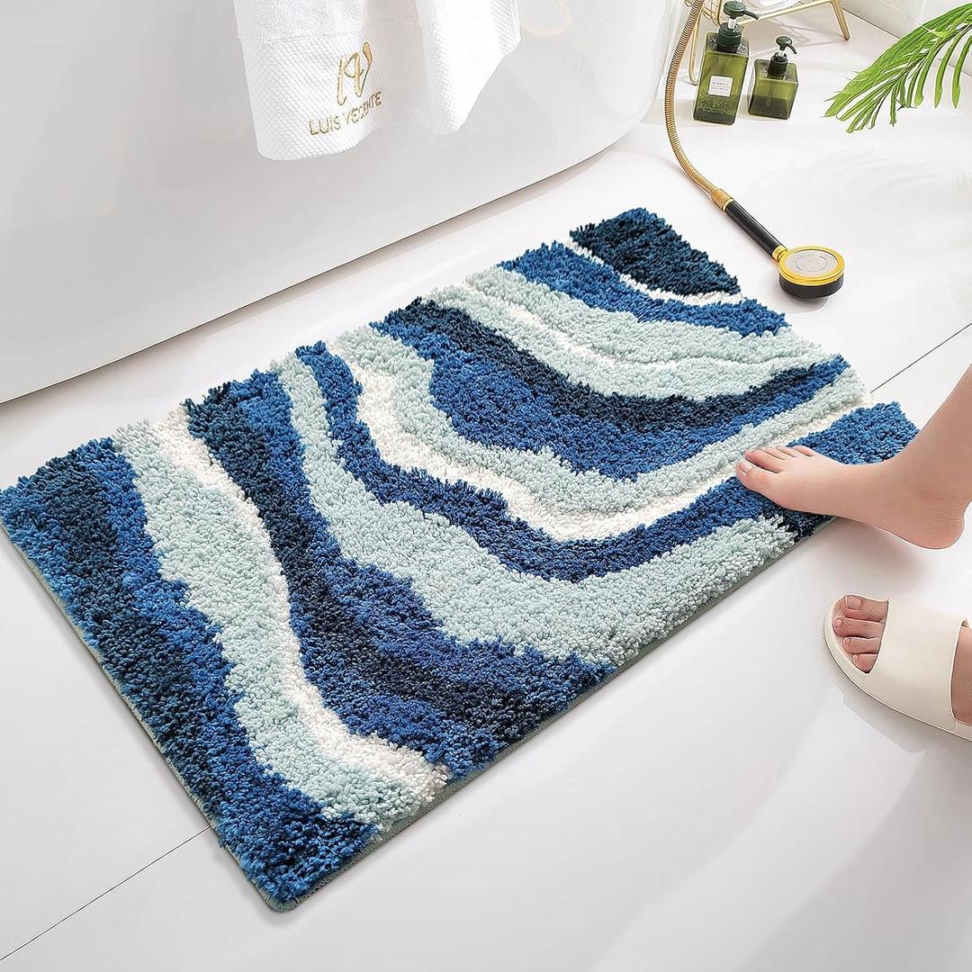 Bathroom Mat Blue Bath Mat for Bathroom Cute Sea Wave Ocean Rug Soft Fluffy Ultra-Absorbent Non Slip Washable Bathroom Rug for Floor Tub and Shower,24 x16inch, CR-shenlan4060