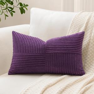 OTOSTAR Set of 1 Decorative Throw Pillow Cover Soft Corduroy Solid Lumbar Pillow Case Boho Striped Cross Patchwork Textured Cushion Cover for Sofa Car Patio Bedroom Living Room 12x20 Inch, Purple