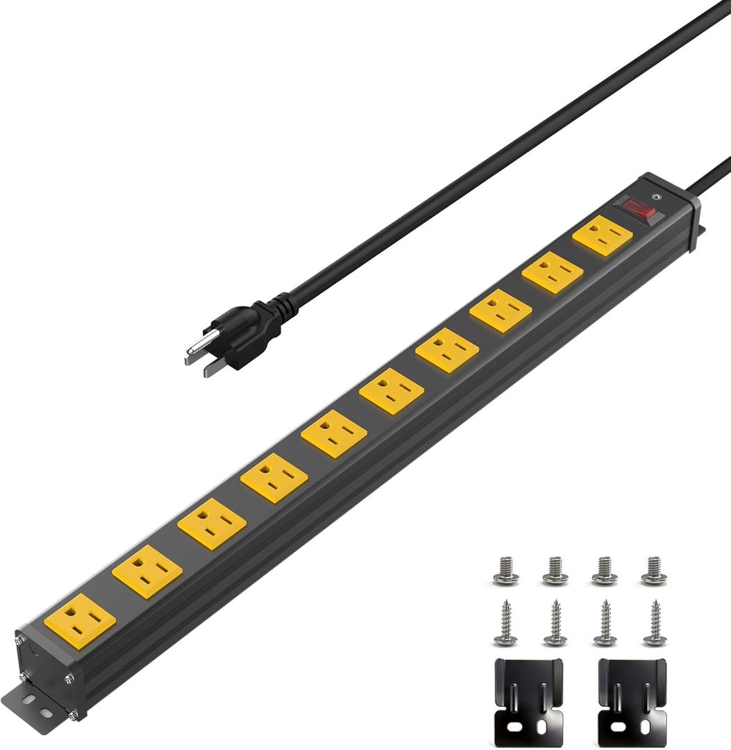 10 Outlet Wall Mount Power Strip, 1.97 Inch Wide Outlet Spacing Aluminum Alloy, 6FT 14AWG Heavy Duty Cord with Switch, 15A 1875W ETL Listed for Garage, Workbench, Multimedia Classroom