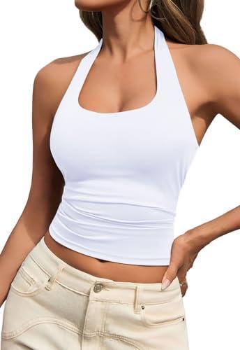 MAOECO Womens Tank Tops Sexy Halter Neck Going Out Tops Summer 2025 Trendy Backless Workout Shirts Sleeveless Y2k Clothes, XS