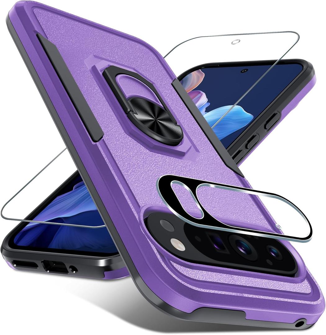 Janmitta for Google Pixel 9/9 Pro Case with Screen Protector+Camera Lens Protector,Heavy Duty Shockproof Full Body Phone Cover Built in Metal Ring Holder Kickstand,2024 Lavender
