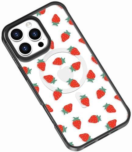 Compatible for iPhone 14 Pro Max Case with Magsafe,Strawberry Garden Pattern Girly Aesthetic Kawaii Fruit Design Clear Shockproof Phone Case Cover for Women Girls, Set Of 2