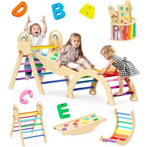 Pikler Triangle Set, 9-in-1 Montessori Climbing Toy for Toddlers, Foldable Wooden Indoor Jungle Gym & Playground Climber for Learning and Motor Skills (18 Months7 Years) (Rainbow)
