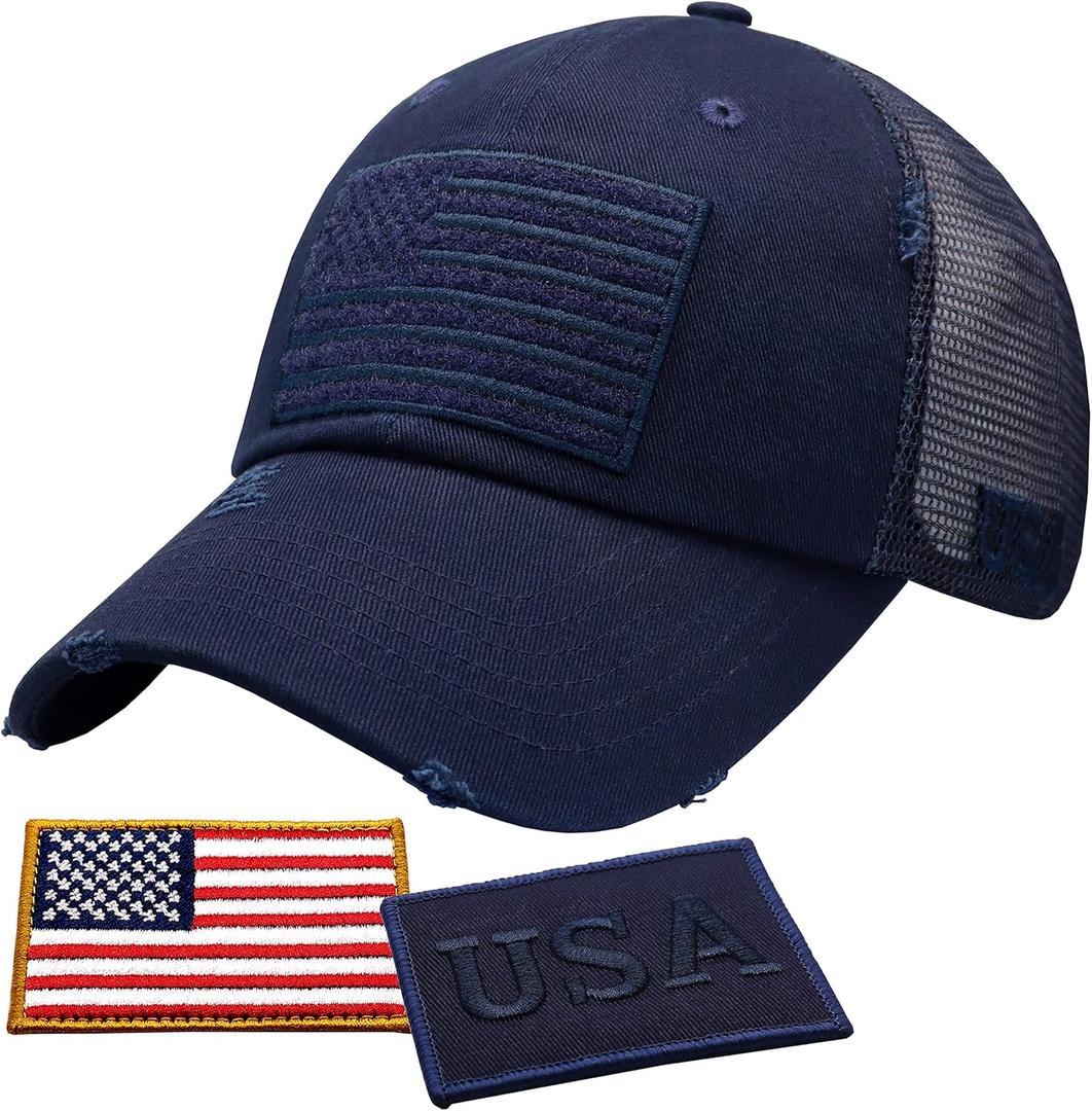 Antourage American Flag Unconstructed Unisex Mesh Snapback Baseball Hat Cap for Men and Women +2 Patriotic Patches Included (One Size, Navy)