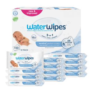 WaterWipes Sensitive+ Newborn & Baby Wipes, 3In1 Cleans, Cares, Protects, 99.9% Water, Unscented & Hypoallergenic, 720 Count (12 Packs)