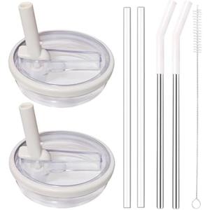 2 Pack 40 oz Flip Straw Lid Replacement Fit for Stanley Quencher Tumbler with Stainless Steel Straws，Leak Proof Splash Resistant Lids for Stanley Cup (White)