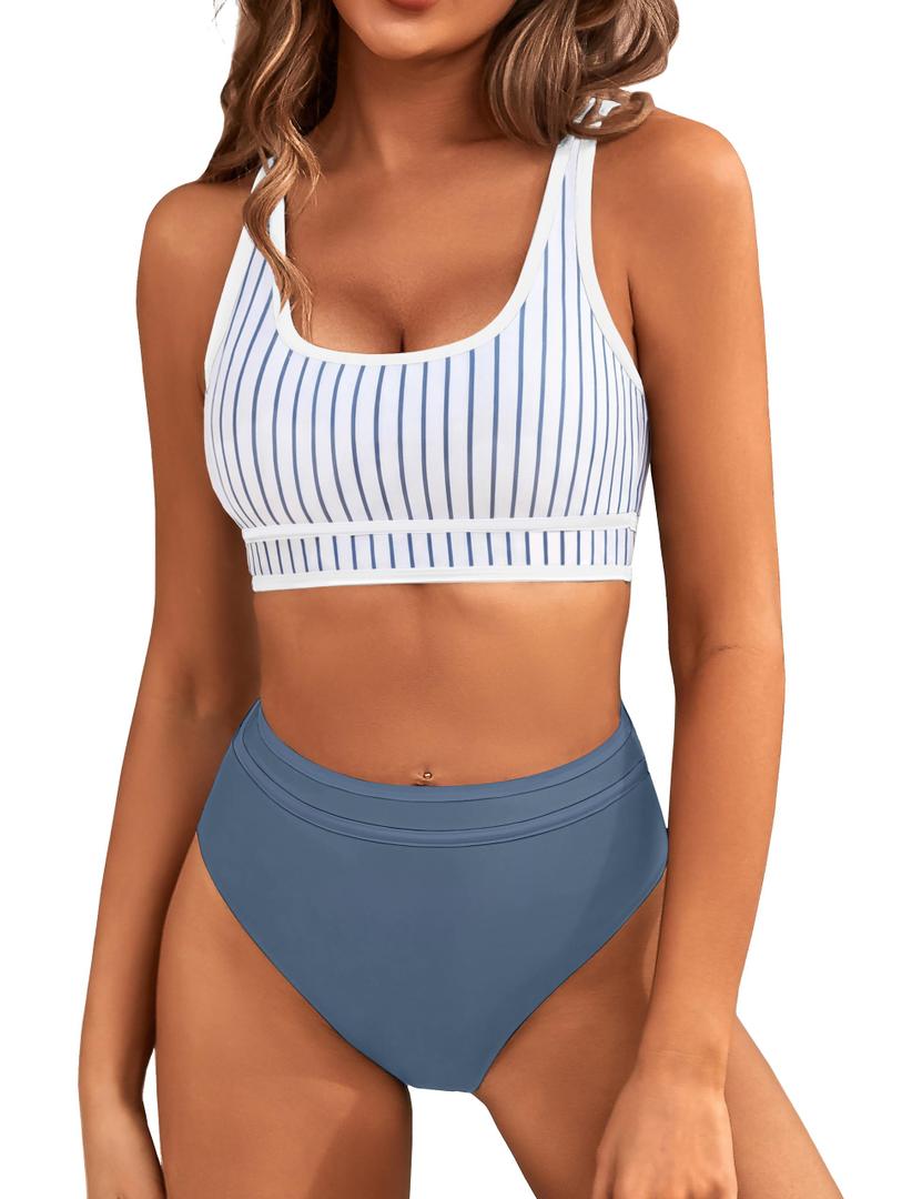 BMJL Women's High Waisted Bikini Sets Sporty Two Piece Swimsuits Color Block Cheeky High Cut Bathing Suits(M,Blue Striped)