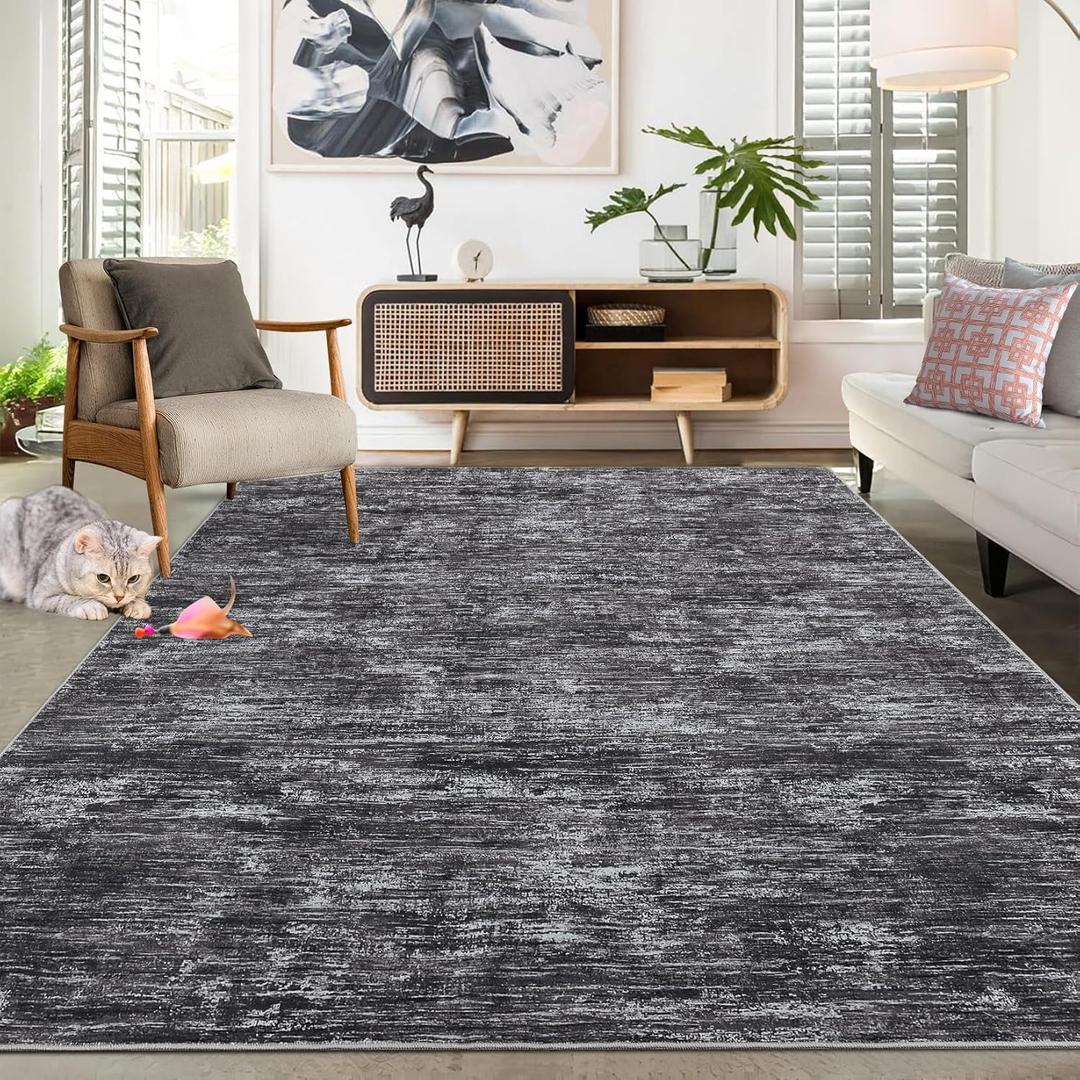 Washable Rug 10x13 for Living Room Modern Abstract Area Rug Non-Slip Large Contemporary Bedroom Rug Stain Resistant Aesthetic Accent Floor Carpet Foldable Solid Rug for Home Office, Dark Grey